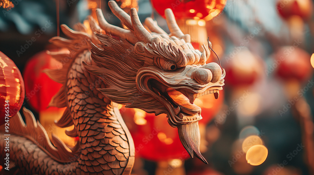 Close-up of a wooden dragon statue with red lanterns in the background.