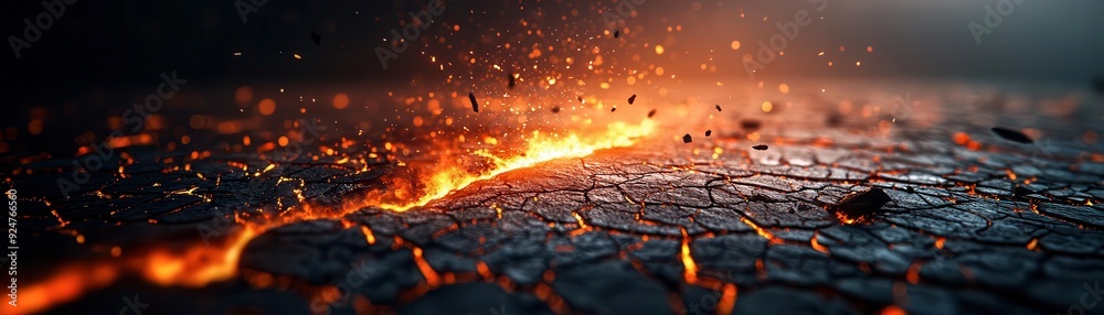 Close-up of Earth's cracked surface with molten energy pouring out, debris floating around, high contrast lighting creates deep shadows, abstract and intense