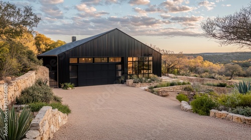 A modern, black metal garage with a gravel driveway and a stone wall in front of a rural landscape.