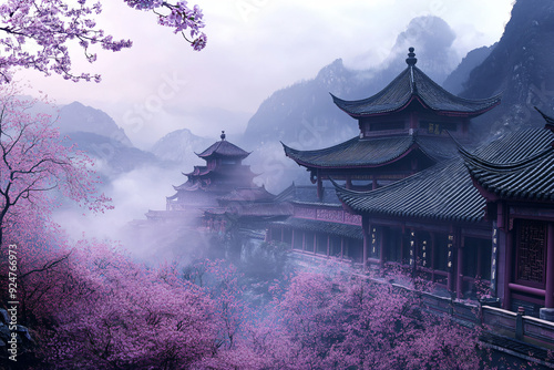 Ancient Chinese Temple Amidst Misty Mountains and Cherry Blossoms.