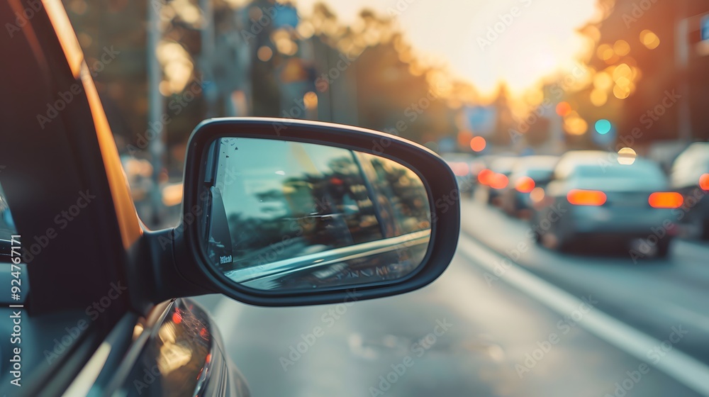 Automobile side mirror view of rush hour traffic on urban street at sunset Automobile side mirror view of rush hour traffic on urban street at sunset
