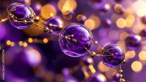  Futuristic nanotechnology: Purple and gold molecular structure with floating orbs on abstract background. photo