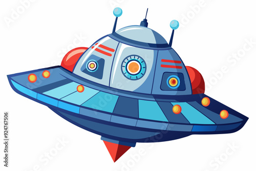 Cartoon illustration of a blue and red UFO with antennas