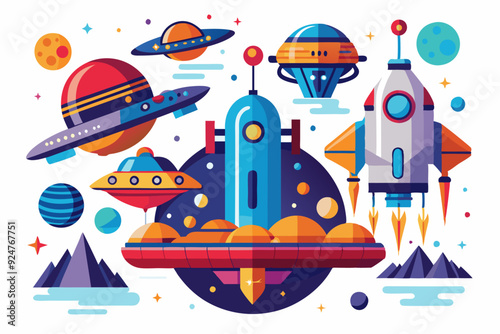 Spaceships and planets in a colorful cartoon style