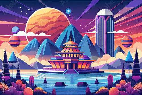 Futuristic Cityscape with Temple on a Watery Lake Under a Starry Sky