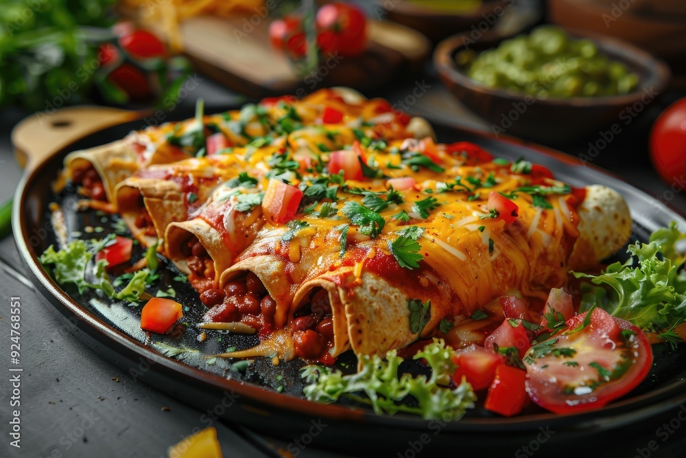 Delicious enchiladas topped with cheese, tomatoes, and herbs on a serving platter. Delicious enchiladas topped with cheese, tomatoes, and herbs on a serving platter.