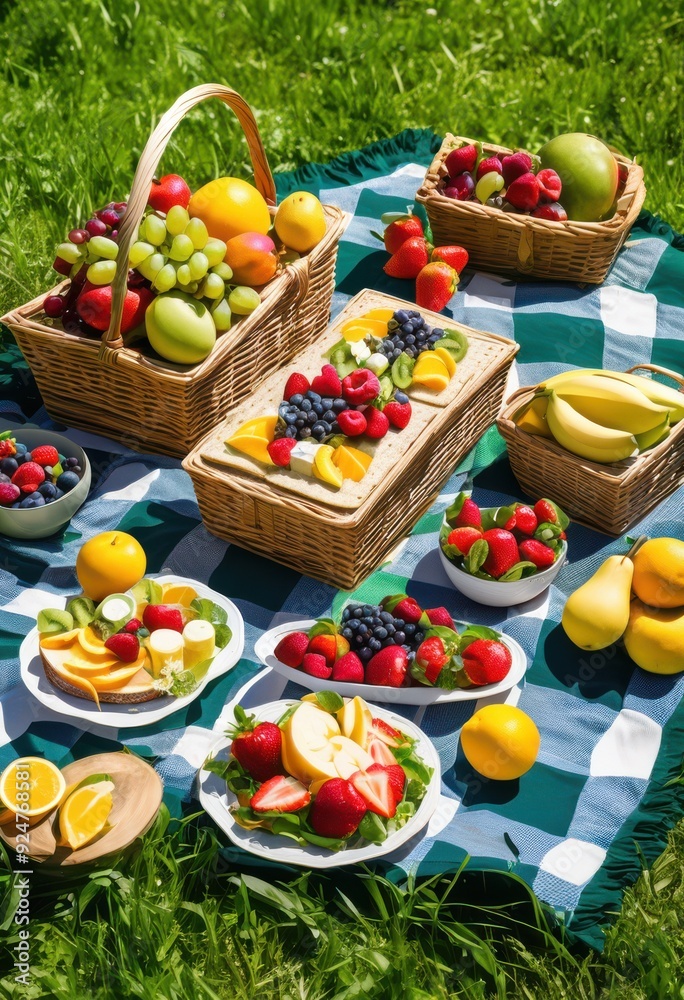 lively summer picnic setup featuring vibrant colorful food cheerful outdoor atmosphere, blanket, arrangement, tableware, fruit, sandwiches, drinks, flowers lively summer picnic setup featuring vibrant colorful food cheerful outdoor atmosphere, blanket, arrangement, tableware, fruit, sandwiches, drinks, flowers