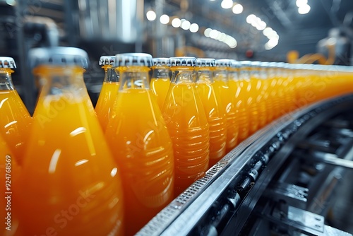 Orange juice bottles on conveyor belt.