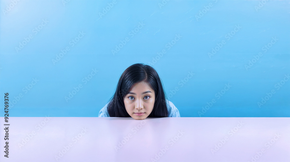 Young Asian woman leaning on a table against a blue background. Minimalist portrait, youth, beauty concept. Image for design, banner, poster, with copy space Young Asian woman leaning on a table against a blue background. Minimalist portrait, youth, beauty concept. Image for design, banner, poster, with copy space