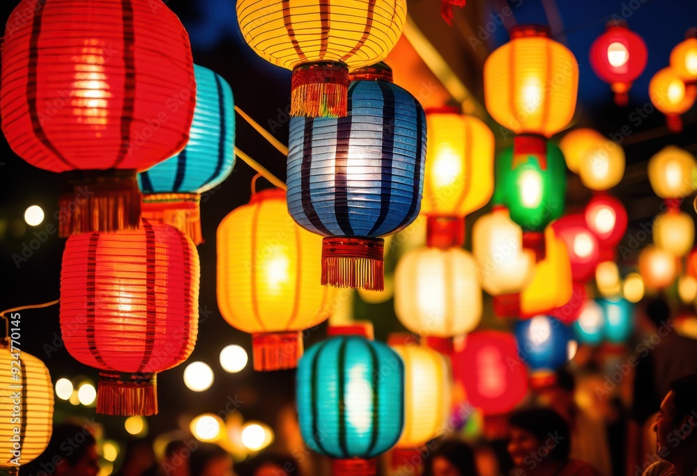 Fototapeta premium colorful lanterns lighting joyous evening celebration friends family festive atmosphere, gathering, festival, decoration, glow, illumination, party, ambiance