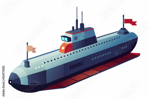 Cartoon Illustration of a Grey and Blue Submarine with Red and Tan Flags