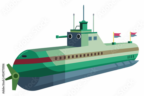 Cartoon illustration of a green submarine with flags