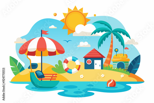 Beach scene with palm trees, umbrella, and beach house