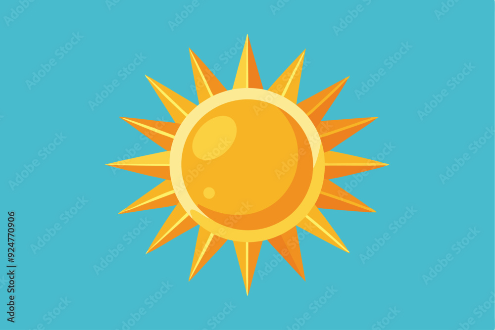 A stylized yellow sun with orange rays against a light blue sky A stylized yellow sun with orange rays against a light blue sky