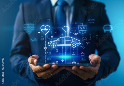 Businessman in Suit with Illuminated Tablet Displaying Icons of Health.