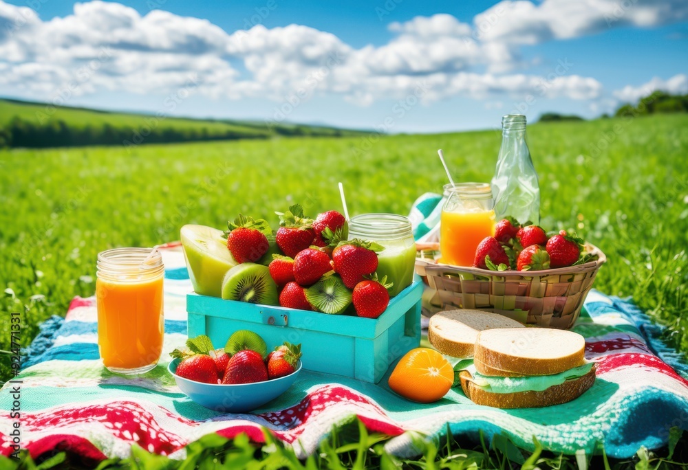 colorful picnic setup featuring bright delicious vibrant refreshing drinks lush green field under clear blue sky, arrangement, blanket, food, fruit, sun colorful picnic setup featuring bright delicious vibrant refreshing drinks lush green field under clear blue sky, arrangement, blanket, food, fruit, sun