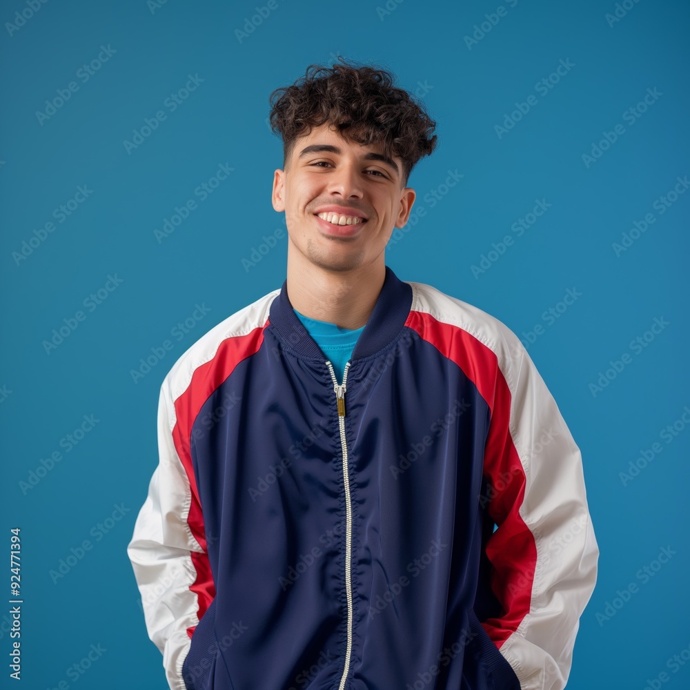 Obraz premium A young man wearing a blue, white, and red jacket is smiling for the camera. The jacket has a zipper on the front, and the man is wearing a blue shirt underneath. Scene is cheerful and lighthearted