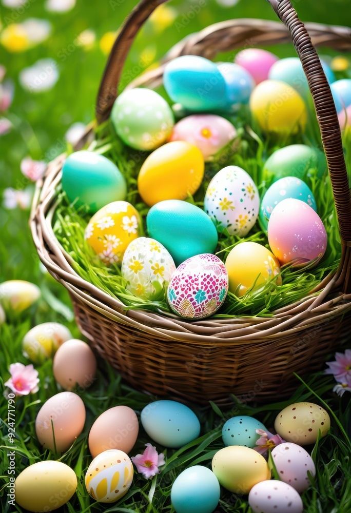 vibrant easter basket overflowing colorful eggs fresh blossoms festive spring celebration, flowers, decoration, holiday, crafts, decor, art, design vibrant easter basket overflowing colorful eggs fresh blossoms festive spring celebration, flowers, decoration, holiday, crafts, decor, art, design