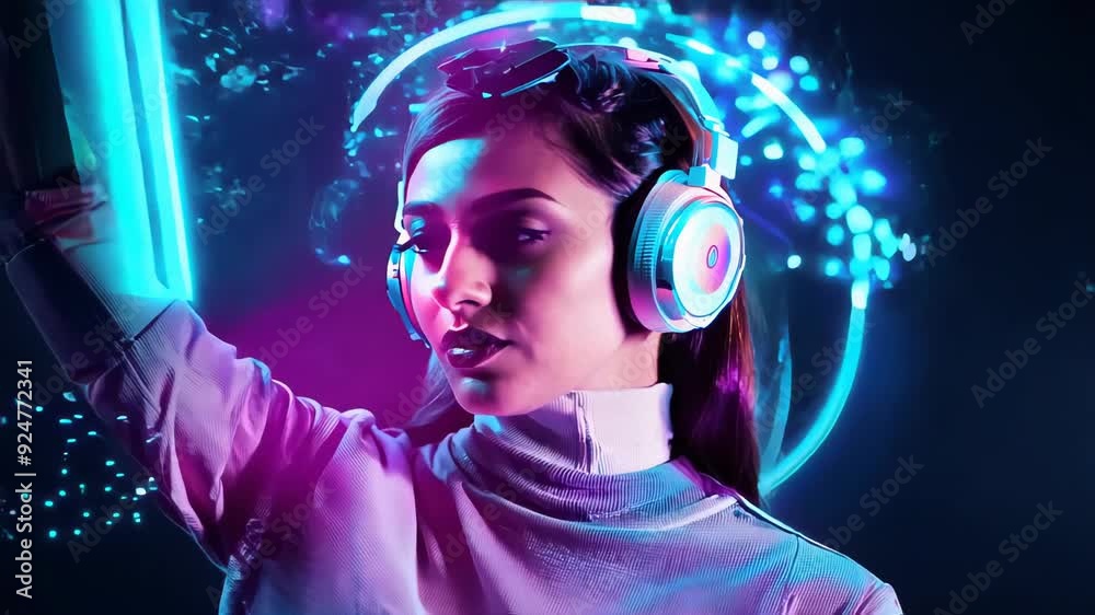 Girl Wearing Neon Headphones Immersed in a Digital Music Experience Representing Modern Audio Technology Girl Wearing Neon Headphones Immersed in a Digital Music Experience Representing Modern Audio Technology