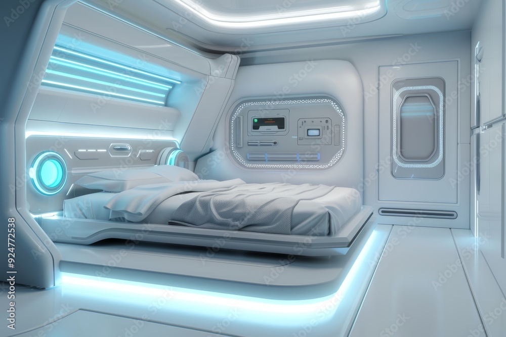 Futuristic Bedroom with Floating Bed and Integrated Tech Gadgets. Futuristic Bedroom with Floating Bed and Integrated Tech Gadgets.