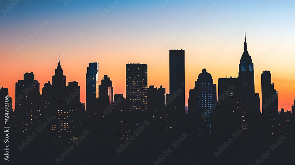 Fototapeta premium A high-contrast photograph features a stunning city skyline silhouetted against a colorful sunset creating a dramatic urban scene