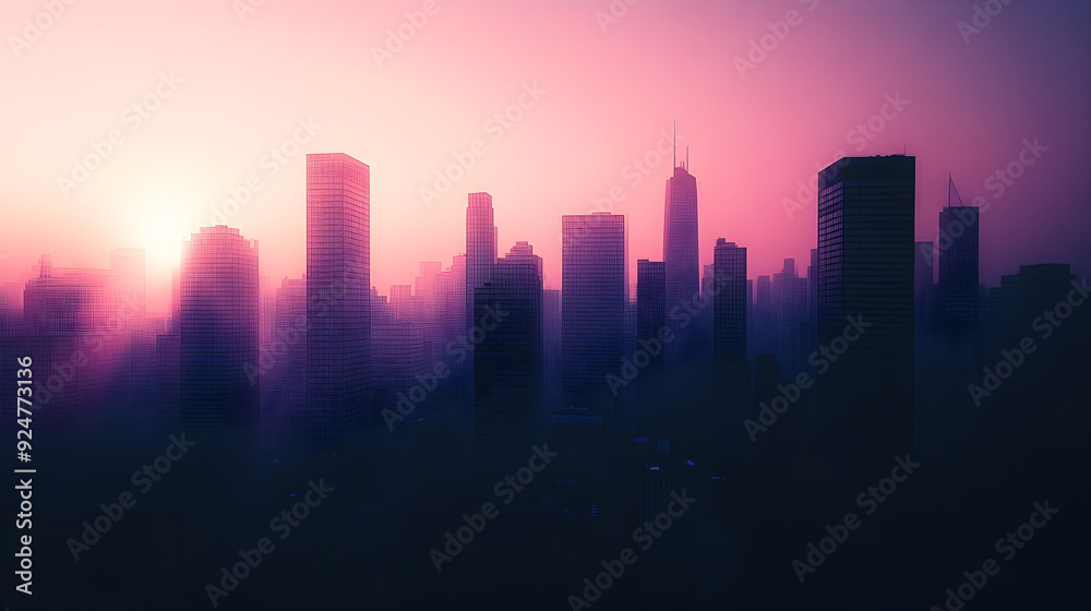 A high-contrast photograph captures a city skyline shrouded in mist during sunset, with soft purple hues and silhouettes of skyscrapers A high-contrast photograph captures a city skyline shrouded in mist during sunset, with soft purple hues and silhouettes of skyscrapers