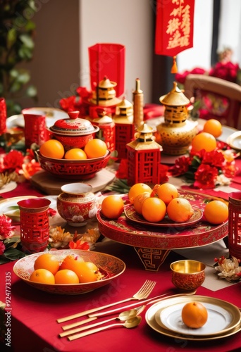 vibrant lunar new year table setup featuring festive decorations colorful traditional elements celebratory atmosphere, tableware, lanterns, celebration