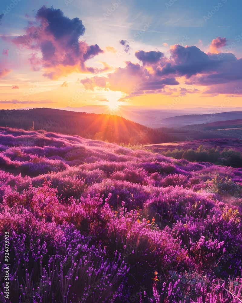Fototapeta premium Heather flowers field with sunset in the background