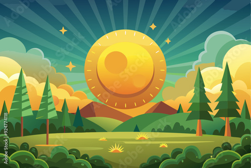A Cartoon Landscape with a Large Sun Setting Behind Green Trees and Hills
