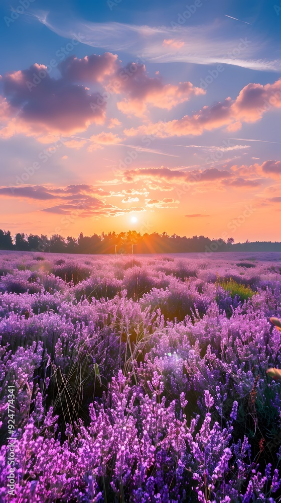Fototapeta premium Heather flowers field with sunset in the background