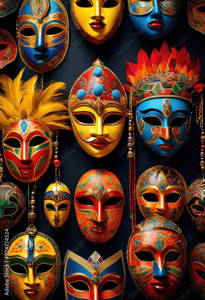 vibrant collection colorful masks beads displayed striking bold backdrop highlighting artistic craftsmanship, design, decoration, festival, culture, accessory vibrant collection colorful masks beads displayed striking bold backdrop highlighting artistic craftsmanship, design, decoration, festival, culture, accessory