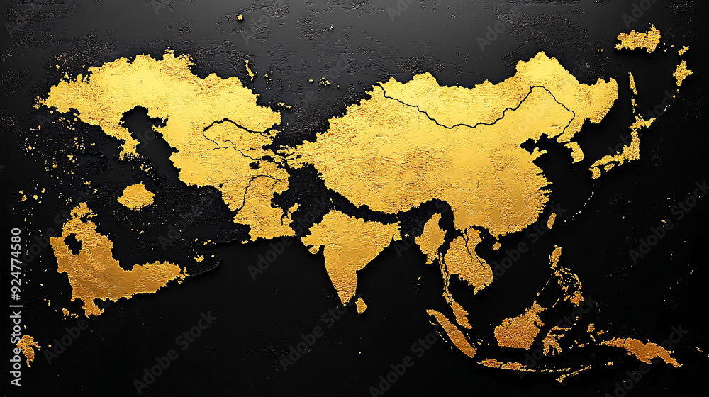 Golden Asia Map on Black Background. Golden Asia Map on Black Background.