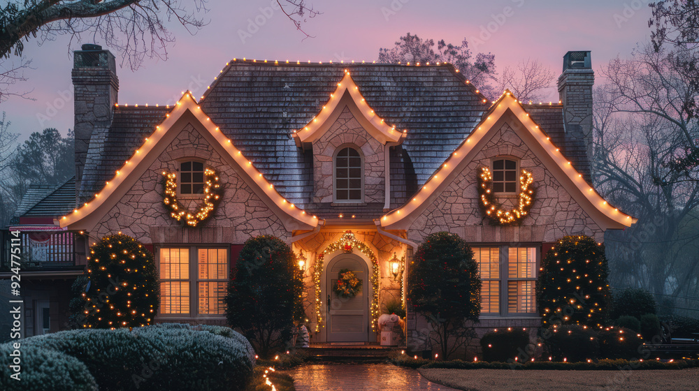 Obraz premium Stone House Decorated With Christmas Lights
