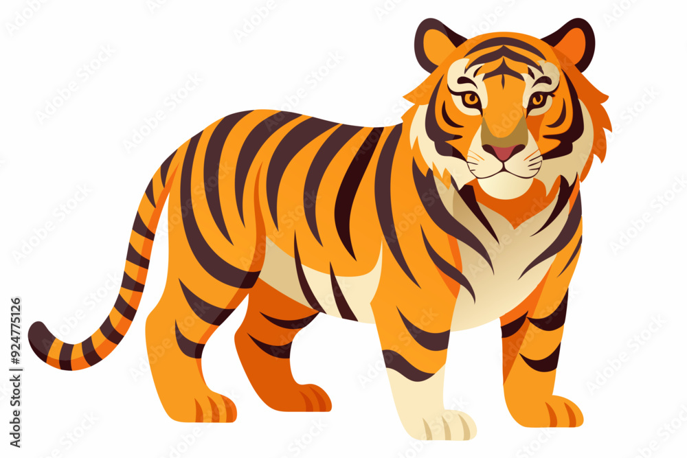 A cartoon tiger with orange and black stripes standing on white background A cartoon tiger with orange and black stripes standing on white background