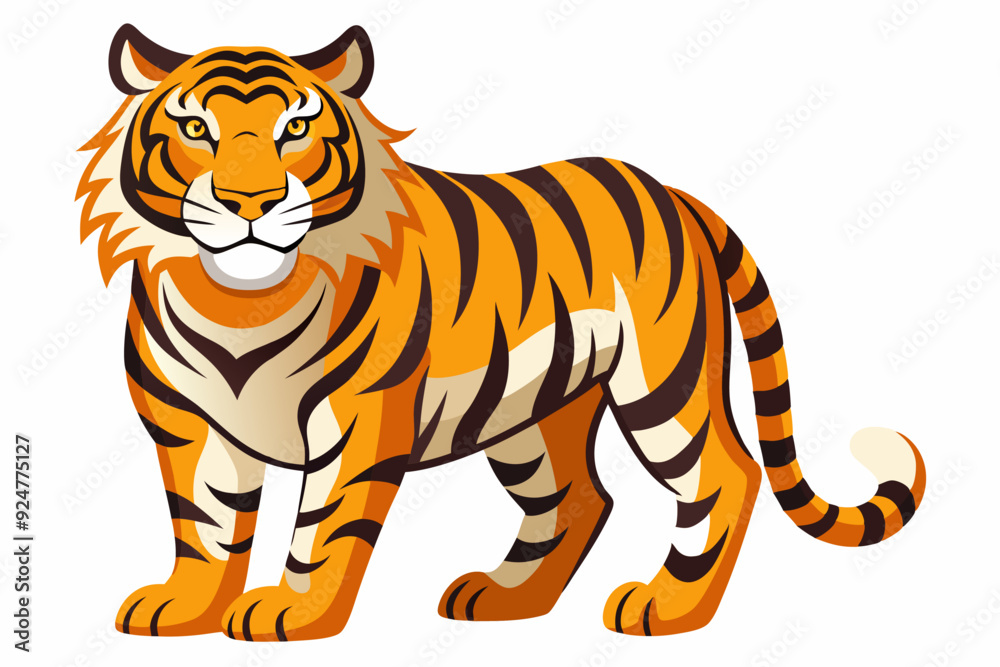 Obraz premium Cartoon Tiger with Orange and Black Stripes Standing on White Background