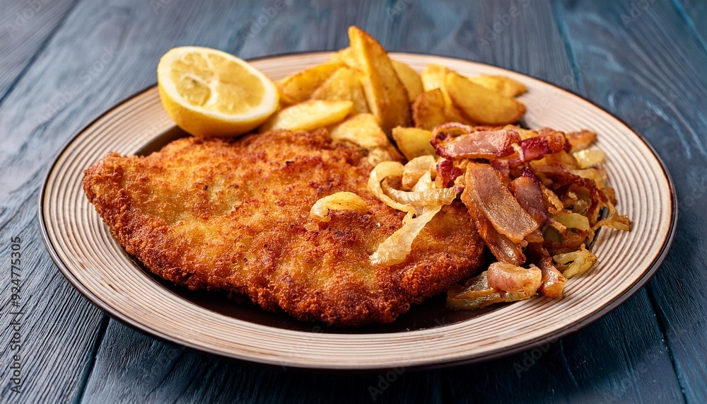 Wiener Schnitzel, fried potatoes, traditional food, Austrian cuisine, crispy schnitzel, golden brown, breaded cutlet, comfort food, hearty meal, European dish, delicious, homemade, fried food, culinar Wiener Schnitzel, fried potatoes, traditional food, Austrian cuisine, crispy schnitzel, golden brown, breaded cutlet, comfort food, hearty meal, European dish, delicious, homemade, fried food, culinar