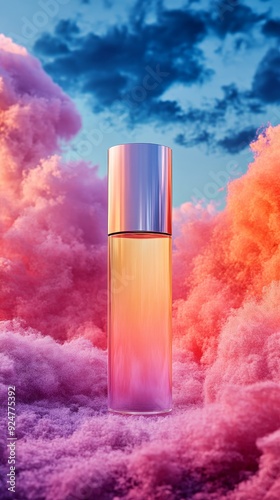 A bottle of perfume is sitting on top of a cloud of pink and purple smoke