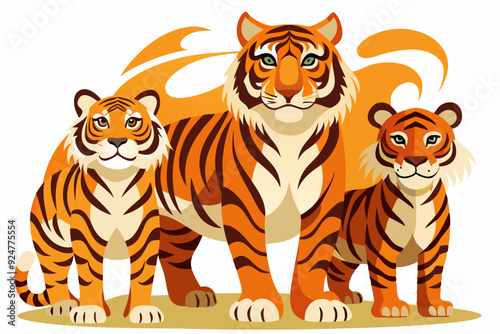 A Family of Three Cartoon Tigers Standing Together