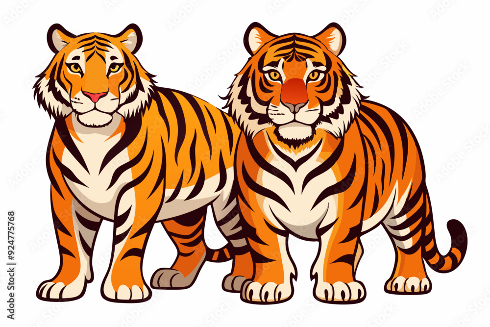 Obraz premium Two Standing Tigers with Orange and Black Stripes