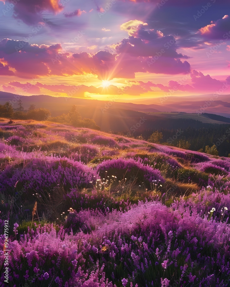 Heather flowers field with sunset in the background