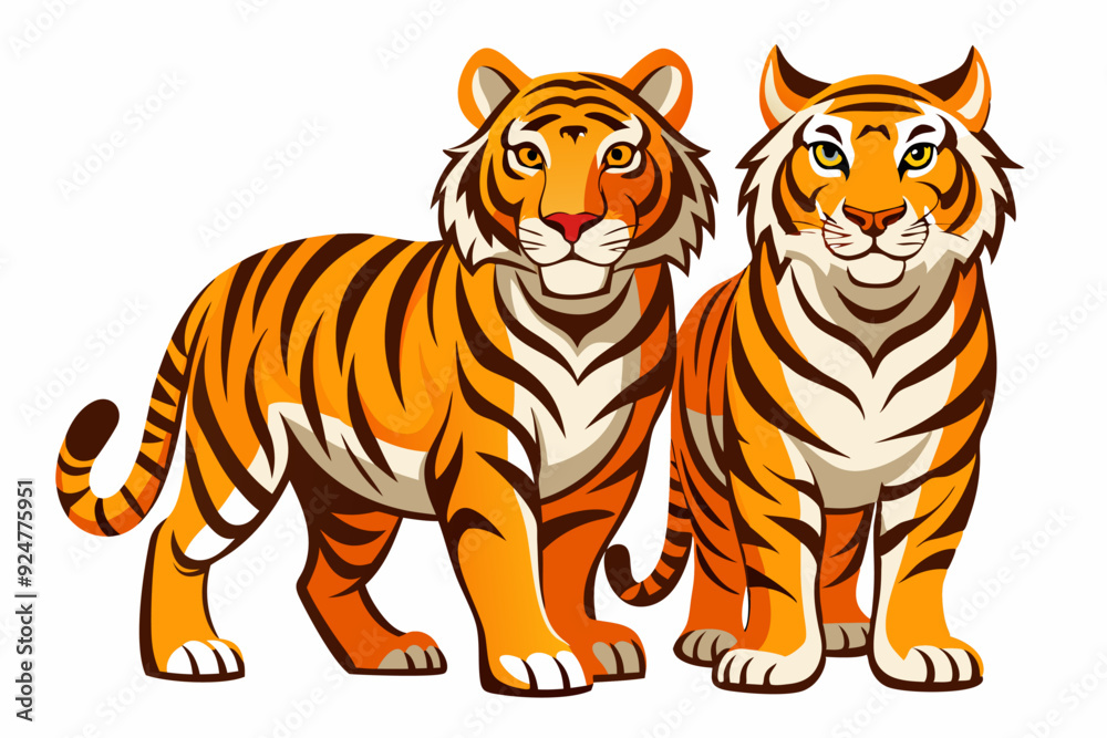 Obraz premium Two Cartoon Tigers Standing Side by Side
