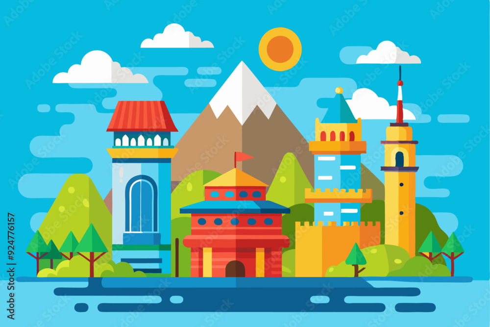 A Colorful Town With Buildings, Mountain, and Lake