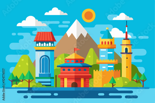 Wallpaper Mural A Colorful Town With Buildings, Mountain, and Lake Torontodigital.ca