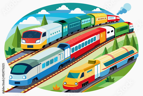 Colorful Trains Traveling Through a Green Landscape