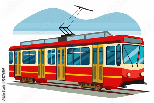 Red and Yellow Tram with Blue Sky and Clouds in Background