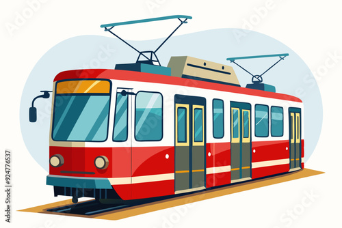 Red and White Tram on Tracks with Overhead Wires