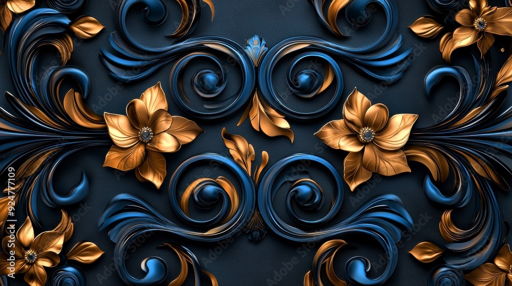 An Exquisite Display of Baroque Elegance: Stunning Scrollwork and Floral Accents in Rich Blue and Gold Tones Captivate the Eye with Timeless Beauty and Artistic Craftsmanship.