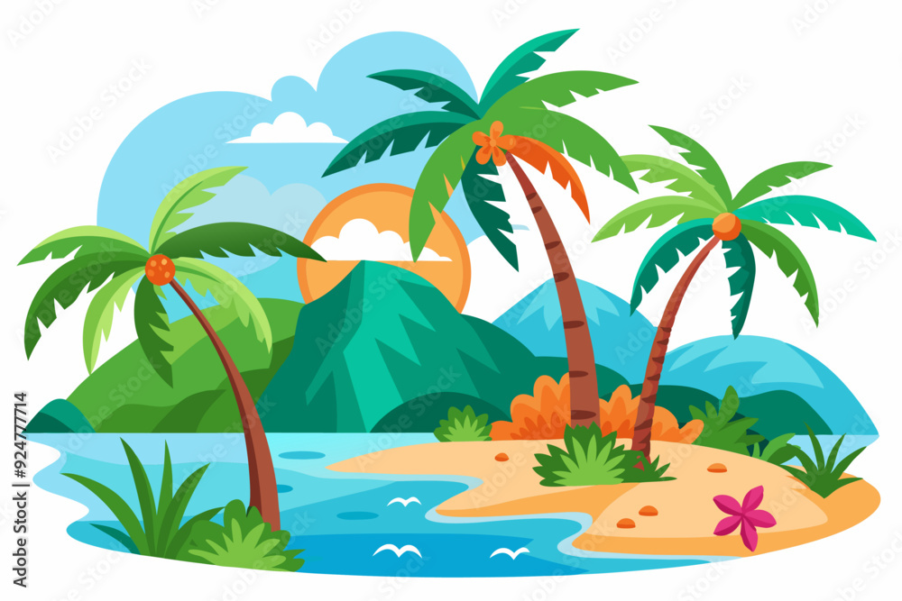 Fototapeta premium Tropical Island with Palm Trees, Sand, and Ocean