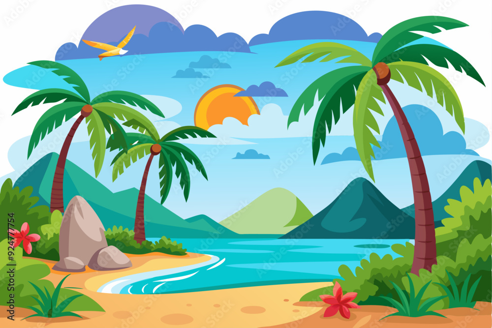 Tropical Beach Scene with Palm Trees, Mountains, and a Bird in Flight Tropical Beach Scene with Palm Trees, Mountains, and a Bird in Flight