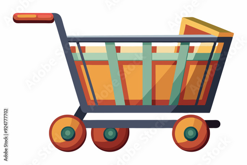 Cartoon Illustration of a Shopping Cart with Orange and Green Wheels